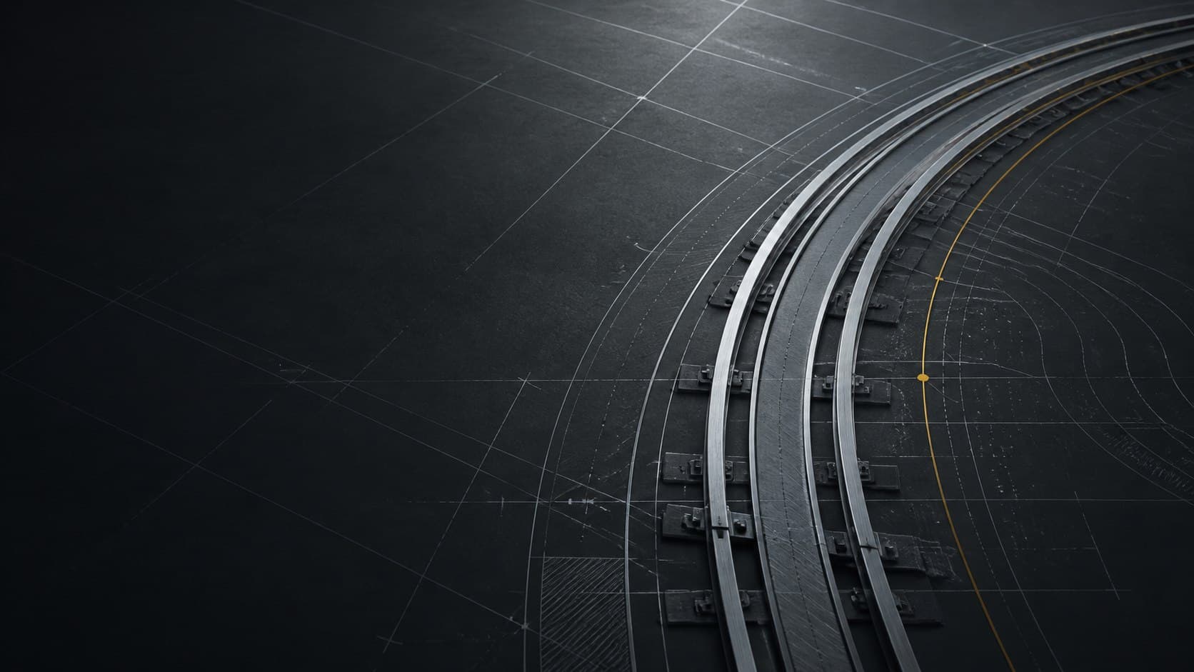 Abstract rail alignment geometry drawn over dark machined steel